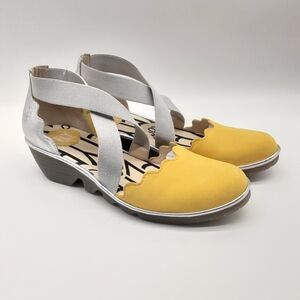 Fly London Pago Size 41 Closed Toe Sandals Yellow Silver Leather Wedge USA 10